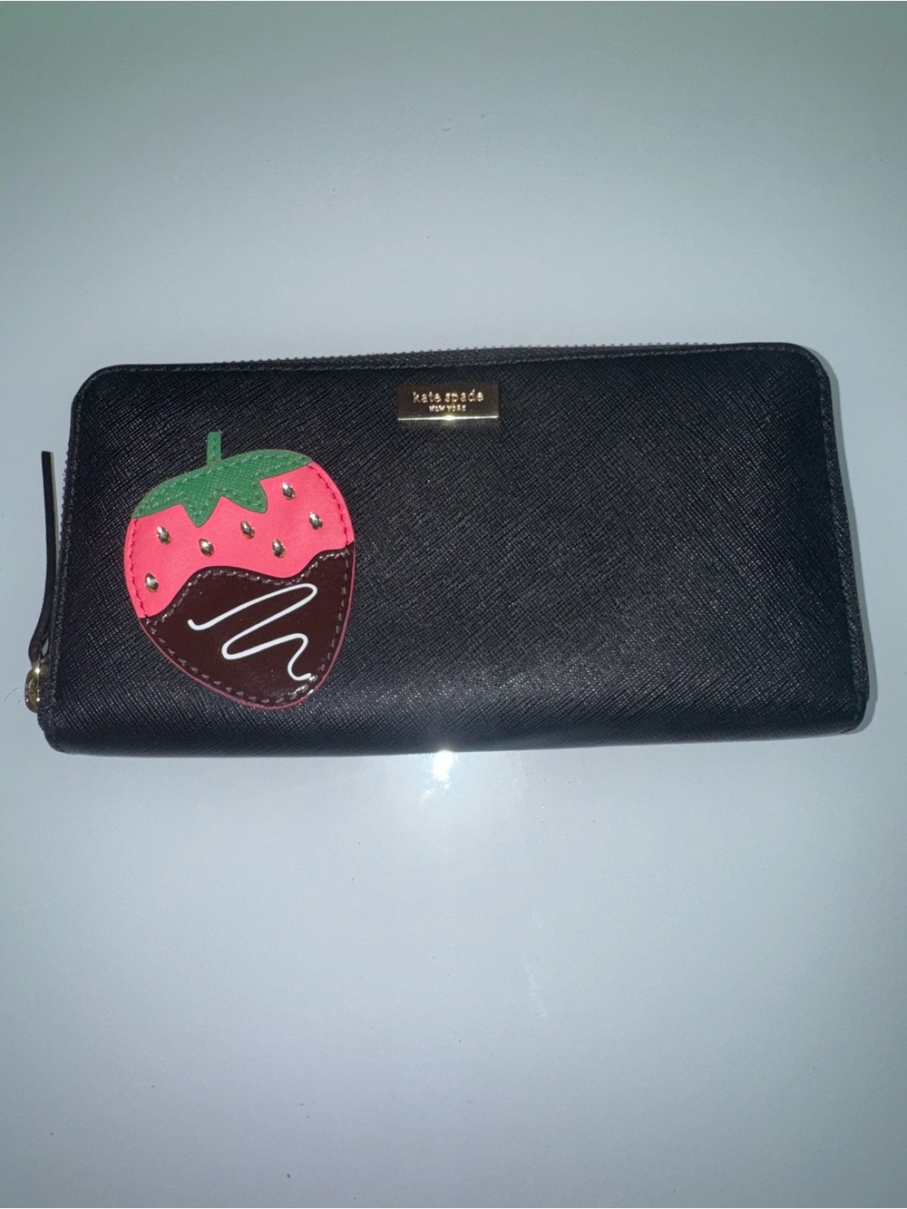 kate spade Novelty Black Leather Chocolate Dipped Strawberry Zip-Around Wallet